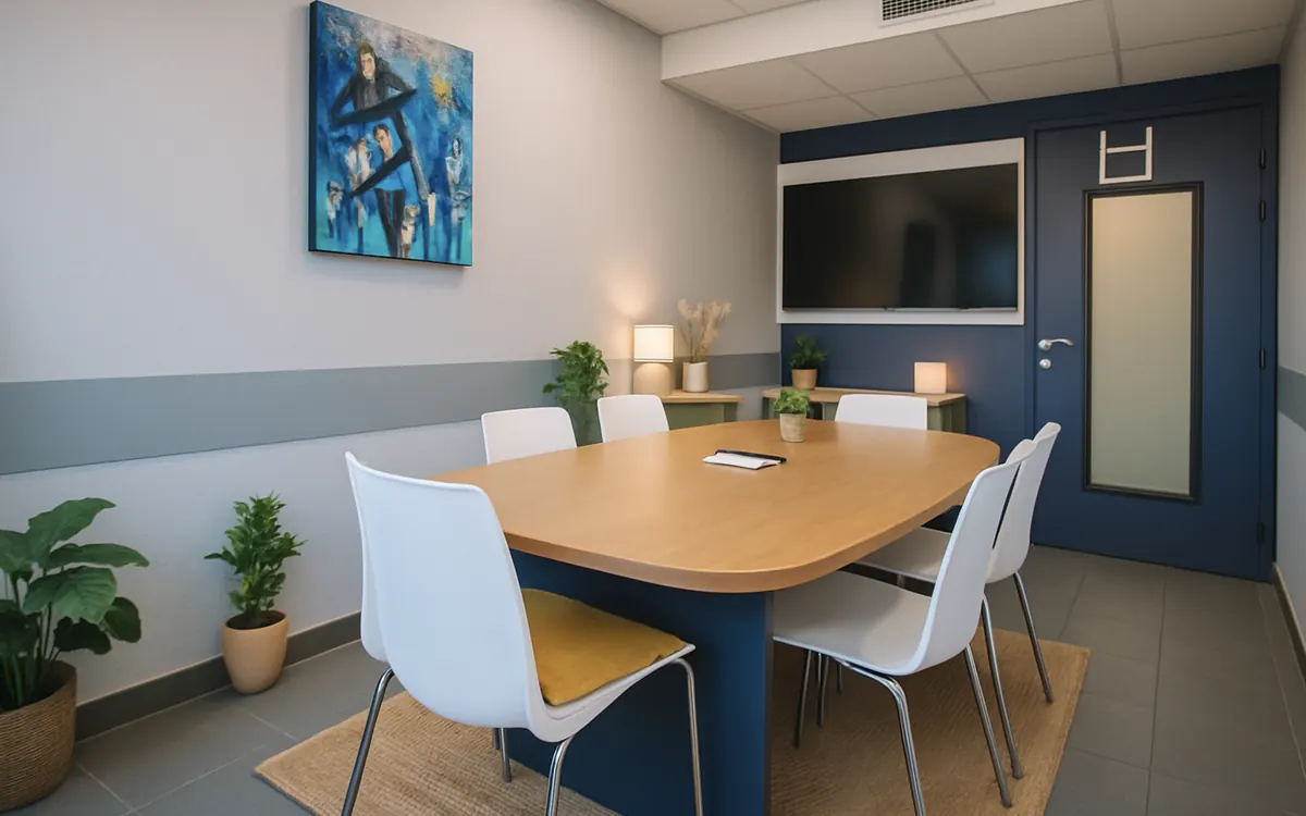 Salle Capitelle au Millénaire : table ovale, six fauteuils blancs et écran mural pour la visioconférence